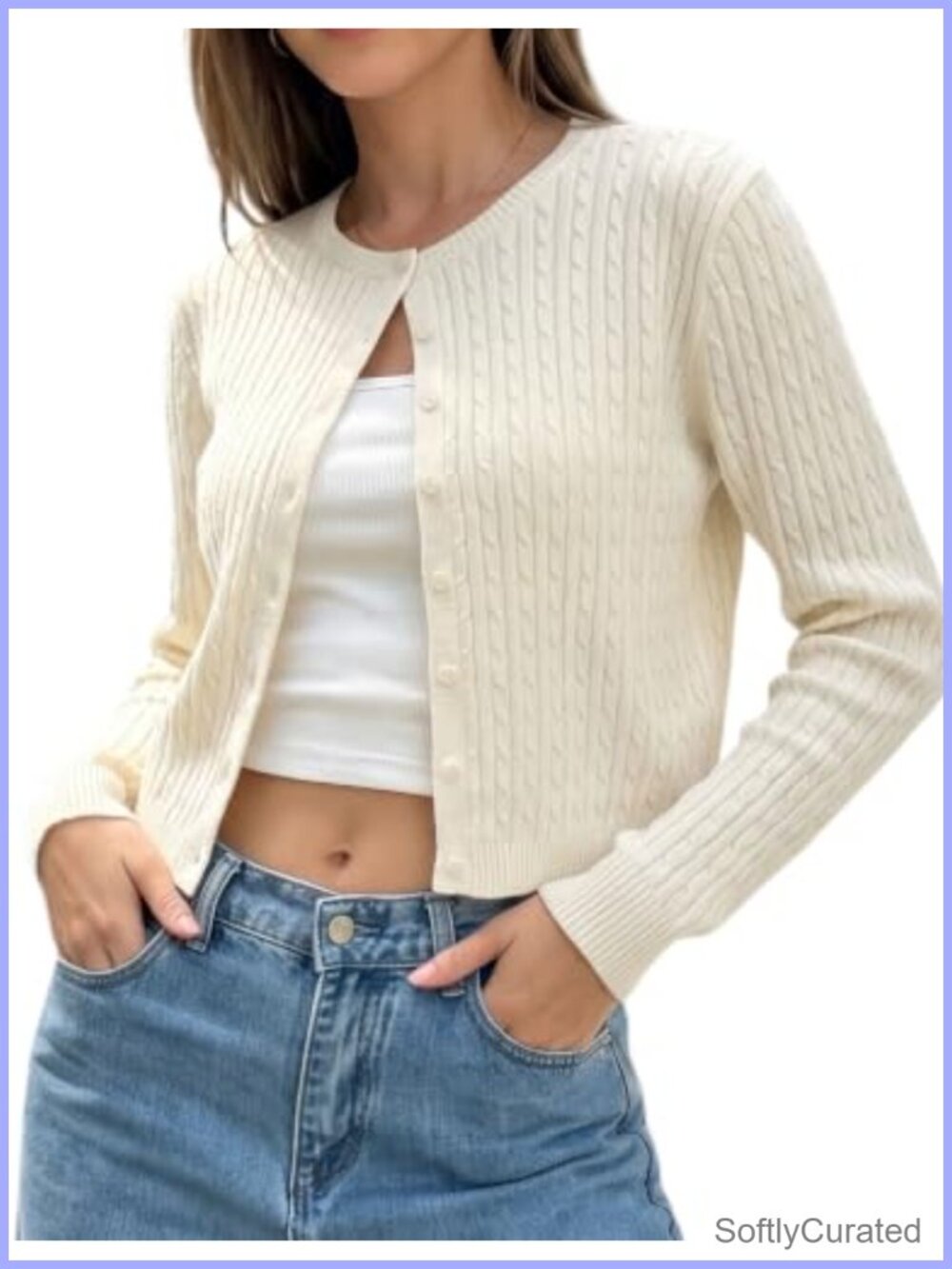 Lightweight Cable Knit Cropped Cardigan Sweater Cotton Button Front Women's